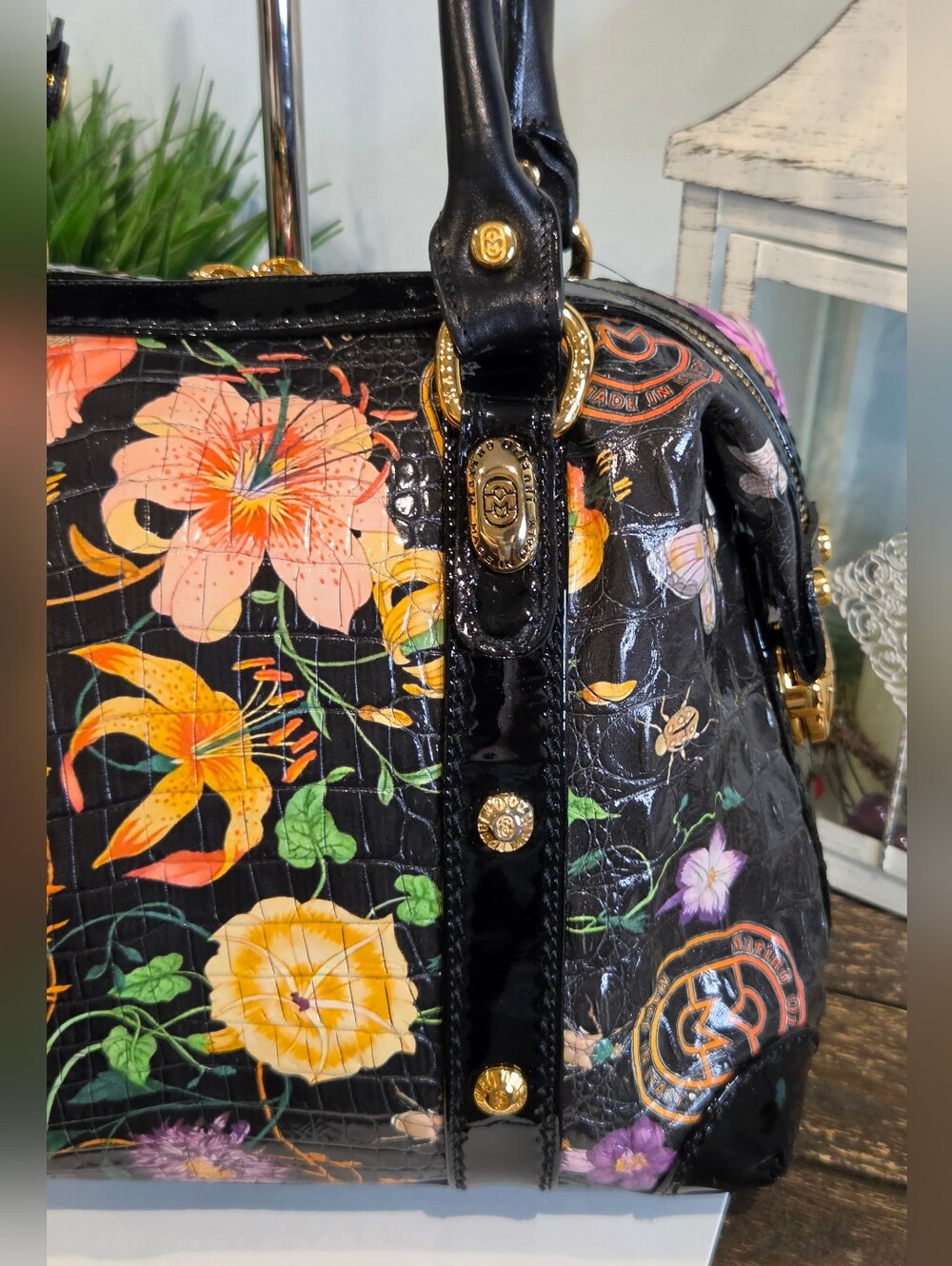 Marino Orlandi mo4670 Cocco Fiori Nero Bowler Bag - Picture 3 of 16